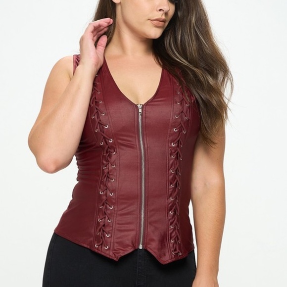 SEXY Faux Leather Zip Front Lace Up Strappy Fitted Vest Burgundy - Picture 7 of 9